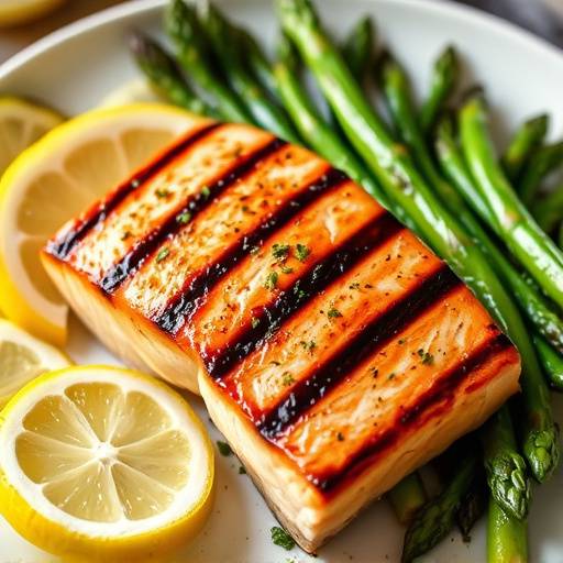 A bright and colorful plate of grilled salmon with roasted asparagus and lemon slices.