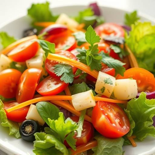 A colorful vegan salad with a variety of fresh vegetables and a light vinaigrette.