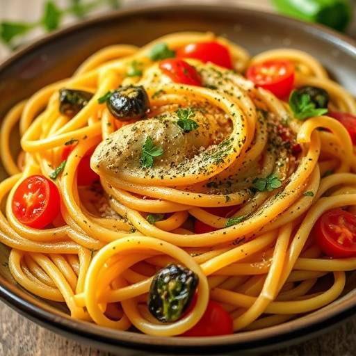 A gluten-free pasta dish with vegetables and herbs.