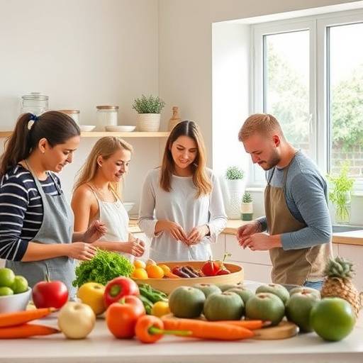A group of people cooking healthy food together in a bright kitchen