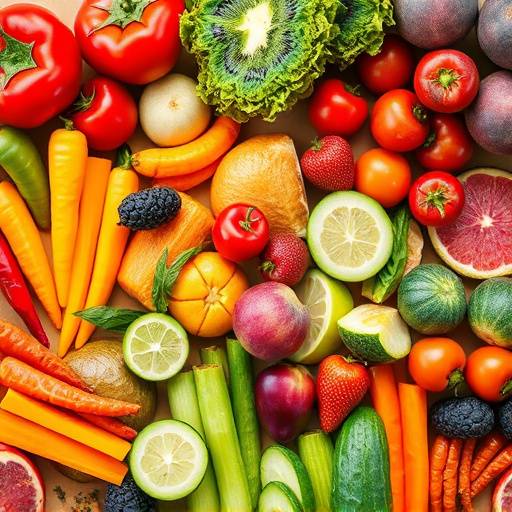 A variety of fresh fruits and vegetables used in healthy recipes.