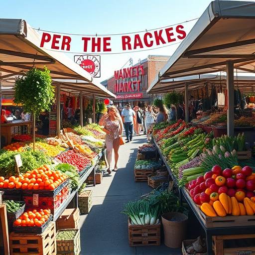 A vibrant Denver farmers market scene with fresh fruits and vegetables.