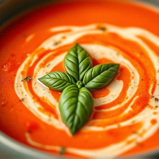 Close-up of a bowl of creamy tomato soup garnished with fresh basil.