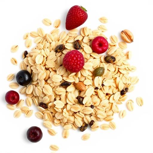 Close-up of a bowl of homemade oatmeal with berries, nuts, and seeds on a white background.