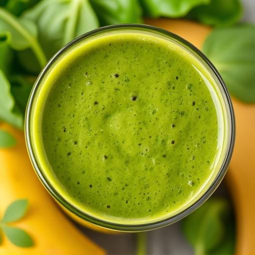 Close-up of a green smoothie with fresh spinach, banana, and almond milk in a glass.
