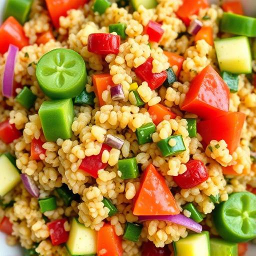 Close-up of a vibrant quinoa salad with colorful vegetables