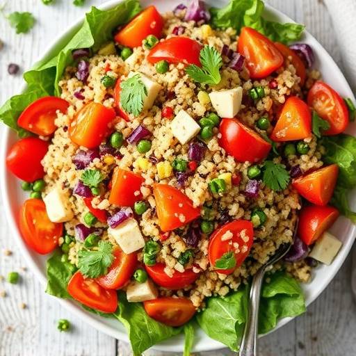 Overhead shot of a vibrant and colorful quinoa salad with mixed vegetables.