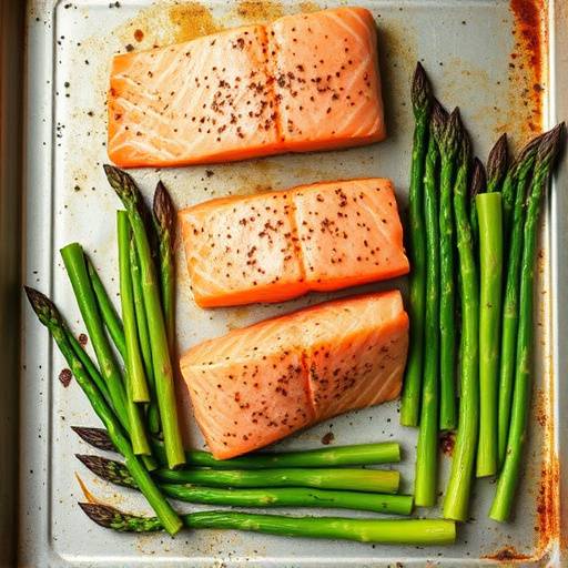 Overhead shot of salmon fillets with asparagus on a baking sheet