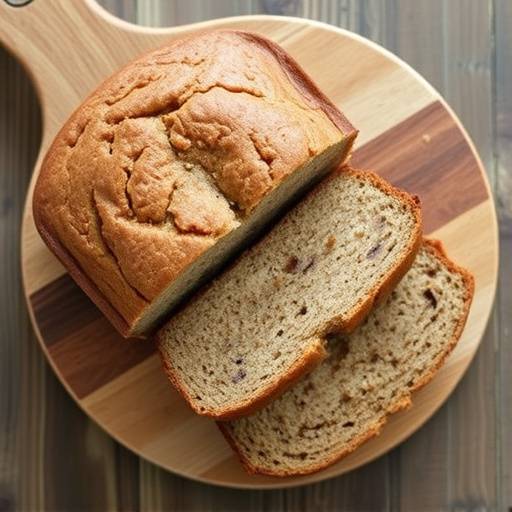 Overhead view of homemade whole wheat banana bread slices on a wooden board.