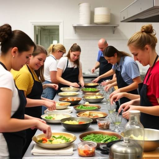 People participating in a cooking class, preparing food together in a kitchen.
