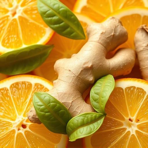 Various foods known to boost the immune system, like citrus fruits and ginger.